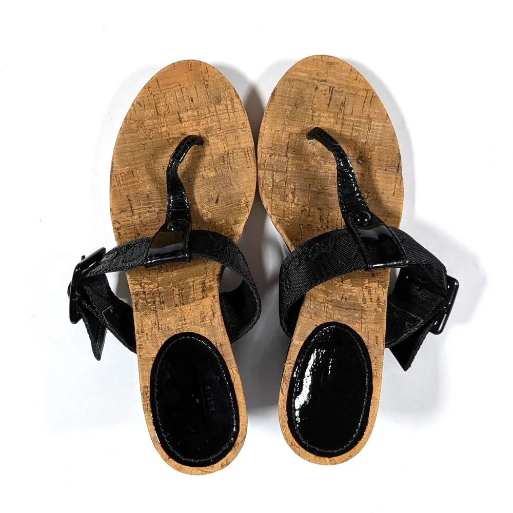 Coach Bernadette Black Patent Leather Cork Wedge Thong Sandals Y2K Coastal 6.5B